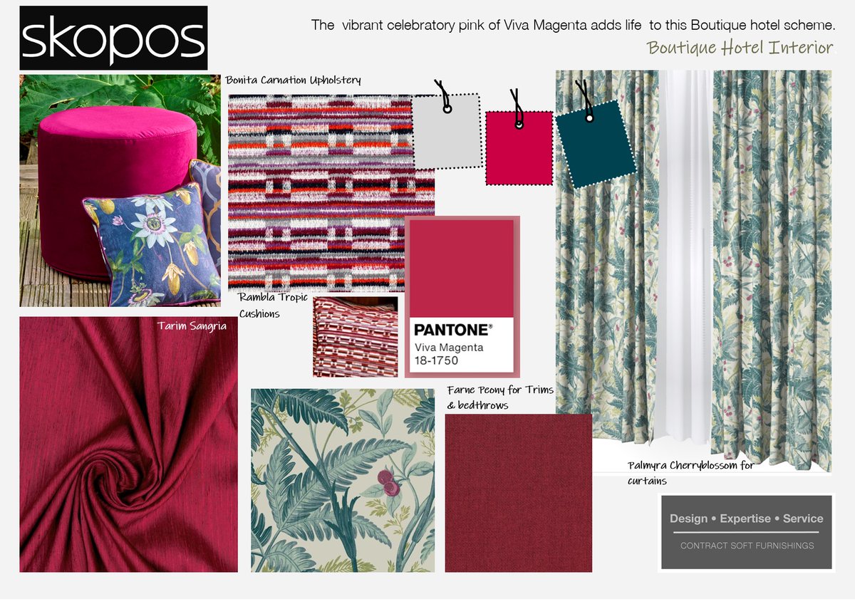 SkoposFabrics's tweet photo. Celebrating #pantone2023 #VivaMagenta, this scheme pulls together vibrant prints and weaves for a fabulous exotic #boutiquehotel interior. #hotelcurtains #pink #FRfabrics. https://t.co/wTIbCjvtgC