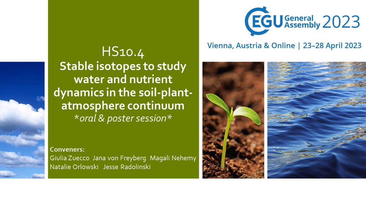 Jana von Freyberg (@jvfreyberg) on Twitter photo You use stable #isotopes to study water and nutrient dynamics in the critical zone? Tell us more about it at #EGU23 in Vienna and online! Submit an abstract (oral/poster) to our session meetingorganizer.copernicus.org/EGU23/session/โฆ
<a href="/GZuecco/">Giulia Zuecco</a> @nat_iso <a href="/JesseRadolinski/">Jesse Radolinski</a> <a href="/MagaliNehemy/">Magali Nehemy</a> <a href="/EGU_HS/">EGU Hydrology</a> <a href="/ca19120/">WATSON Cost Action</a> You use stable #isotopes to study water and nutrient dynamics in the critical zone? Tell us more about it at #EGU23 in Vienna and online! Submit an abstract (oral/poster) to our session meetingorganizer.copernicus.org/EGU23/session/โฆ
<a href="/GZuecco/">Giulia Zuecco</a> @nat_iso <a href="/JesseRadolinski/">Jesse Radolinski</a> <a href="/MagaliNehemy/">Magali Nehemy</a> <a href="/EGU_HS/">EGU Hydrology</a> <a href="/ca19120/">WATSON Cost Action</a>