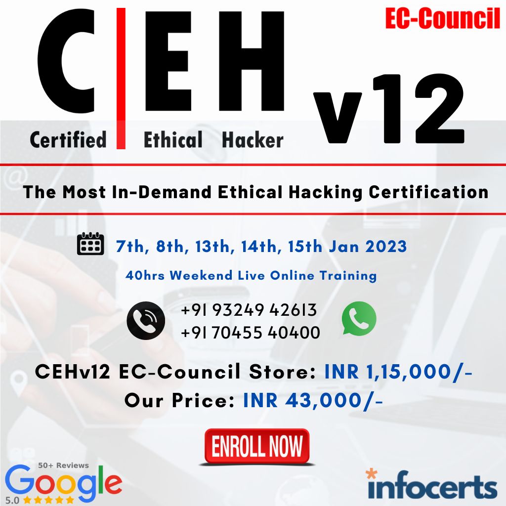 Infosavvy_'s tweet image. The Most In-Demand #EthicalHackingCertification!!!
Date:- 7th, 8th &amp;amp; 13th, 14th, 15th Jan 2023
Ec-Council Store :- INR 1,15,000/-
Our Price:- INR 43,000/- All Inclusive
📱 +91 93249 42613 / +91 70455 40400
➡infocerts.com/certified-ethi…
#CEHv12 #LiveOnline #TrainingandCertification
