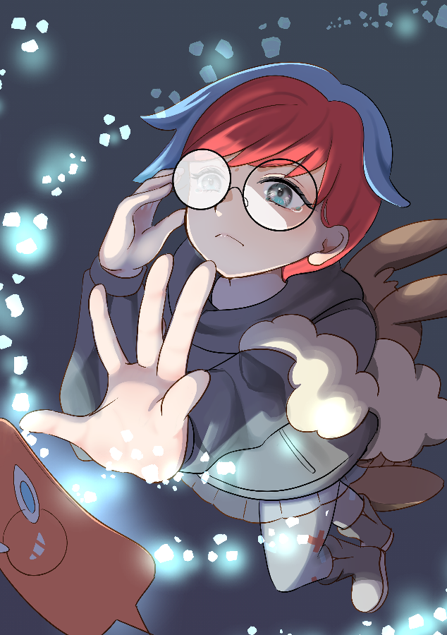 rotom 1girl see-through skirt glasses round eyewear brown bag red hair hood  illustration images