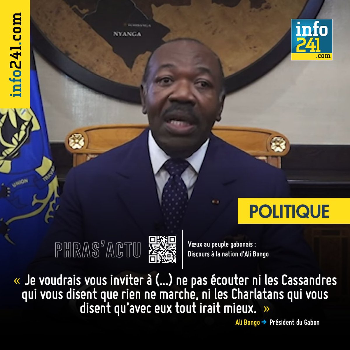 Info241_'s tweet photo. #PHRASACTU : « Je voudrais vous inviter à (...) ne pas écouter ni les Cassandres qui vous disent que rien ne marche, ni les Charlatans qui vous disent qu’avec eux tout irait mieux. » Ali Bongo, président du Gabon #Gabon #Bongo #Opposition https://t.co/kEPjFWRrPQ https://t.co/AXxunFyKFz