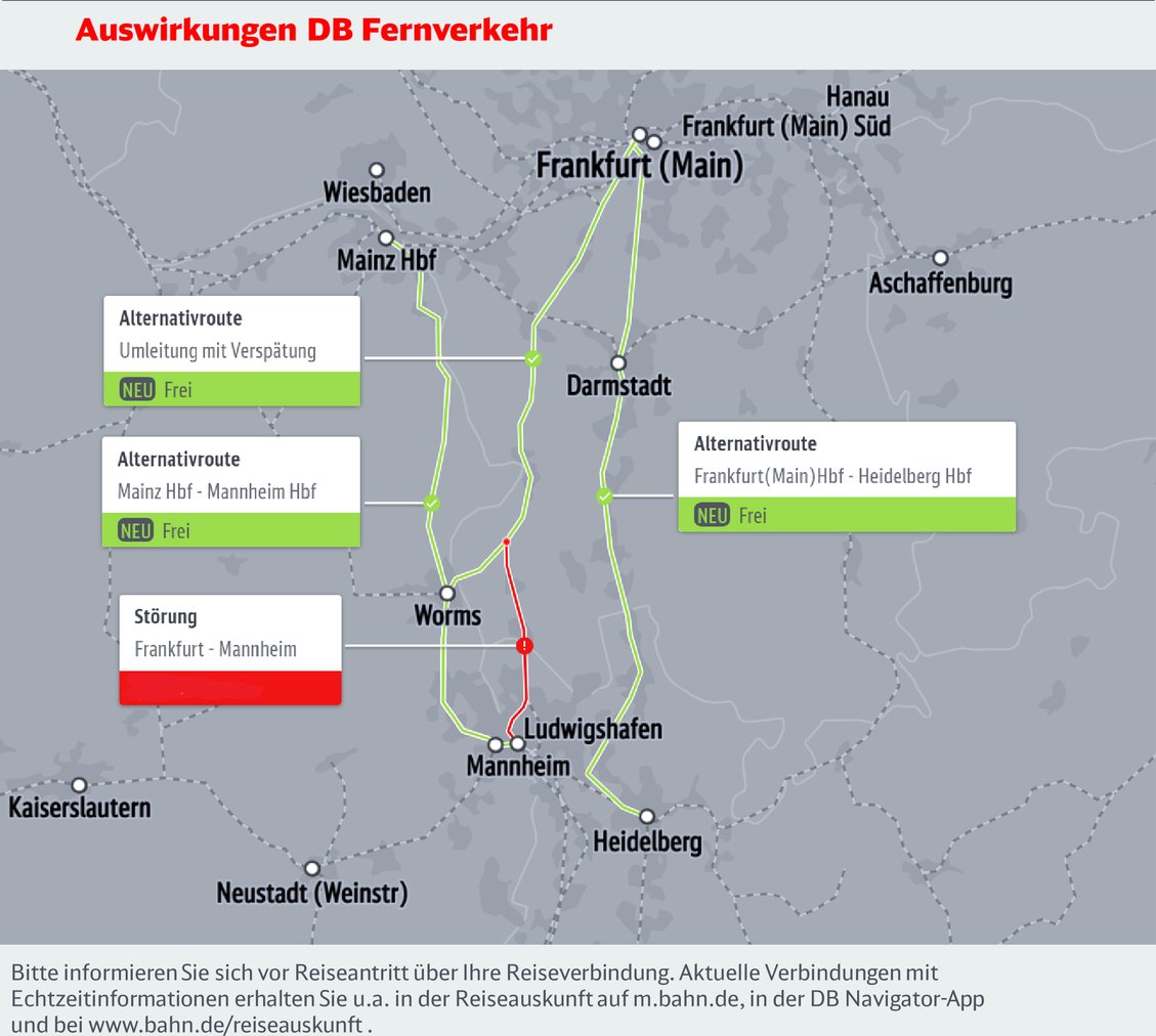 DB_Info's tweet image. Defektes Stellwerk in #Mannheim - #Waldhof. Betroffen ist die #Riedbahn zwischen Mannheim &amp;lt;&amp;gt; #Frankfurt(Main).

Fernverkehrszüge werden umgeleitet und verspäten sich dadurch. Bitte Reiseverbindung überprüfen.
