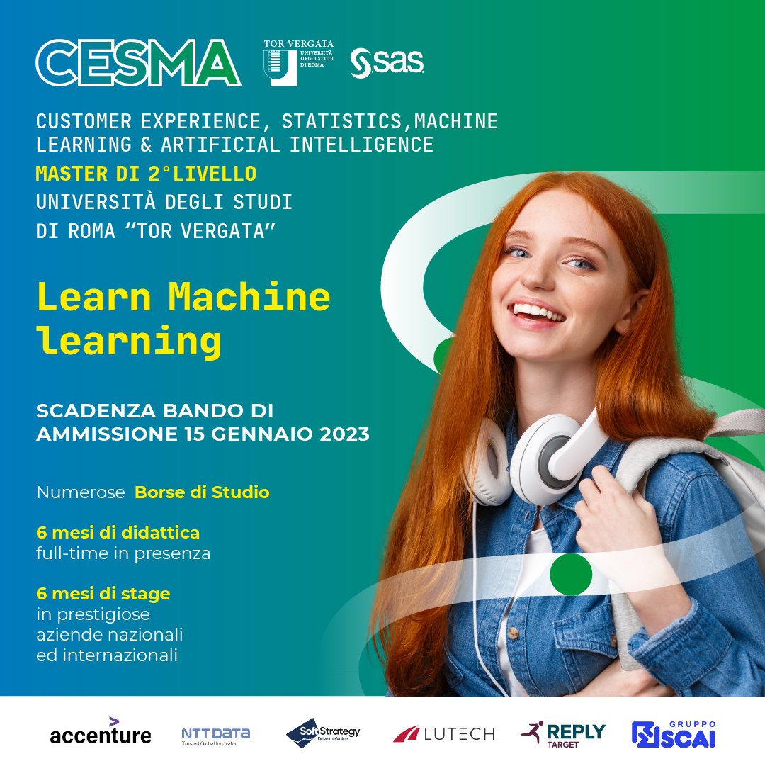 Il Bando di Ammissione per la X Edizione del <a href="/mastercesma/">Master CESMA</a>  in #customerexperience, #statistics, #machinelearning &amp; #artificialintelligence scade il 15/1/2023

👉master-cesma.it/home/242-2311/…

13 BORSE DI STUDIO dalle nostre Aziende Partner
👉 master-cesma.it/partner/
