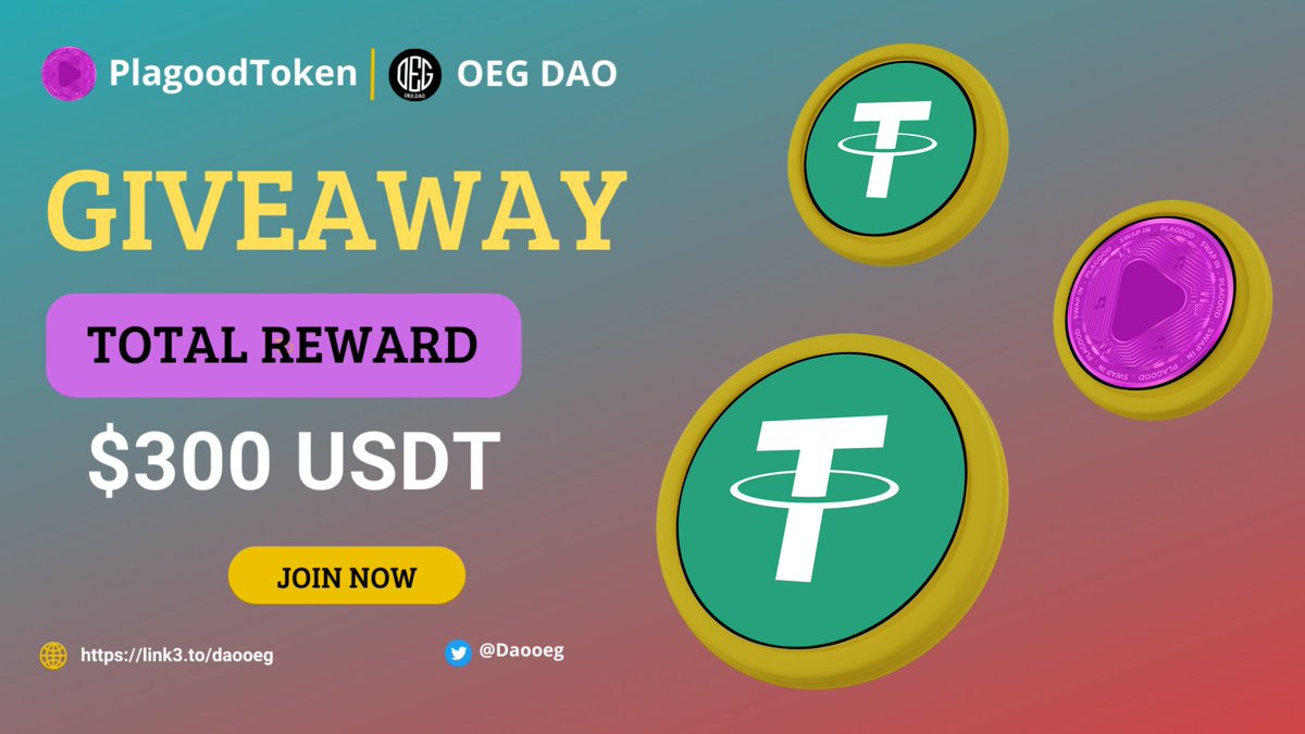 😍😍 #Massive Giveaway OEG DAO x @plagoodtoken 🥳

🎟 Massive Giveaway -
🎁 Total Pool $300 USDT 🏆

To Enter👇
✅Follow @DAOOEG &amp; @plagoodtoken
✅❤️,RT &amp; Tag 3 Friend
✅FINISH Gleam : wn.nr/pqmy86

⏰10th Jan
#PGT #Giveaway #USDT #ReferAndEarn #Airdrop