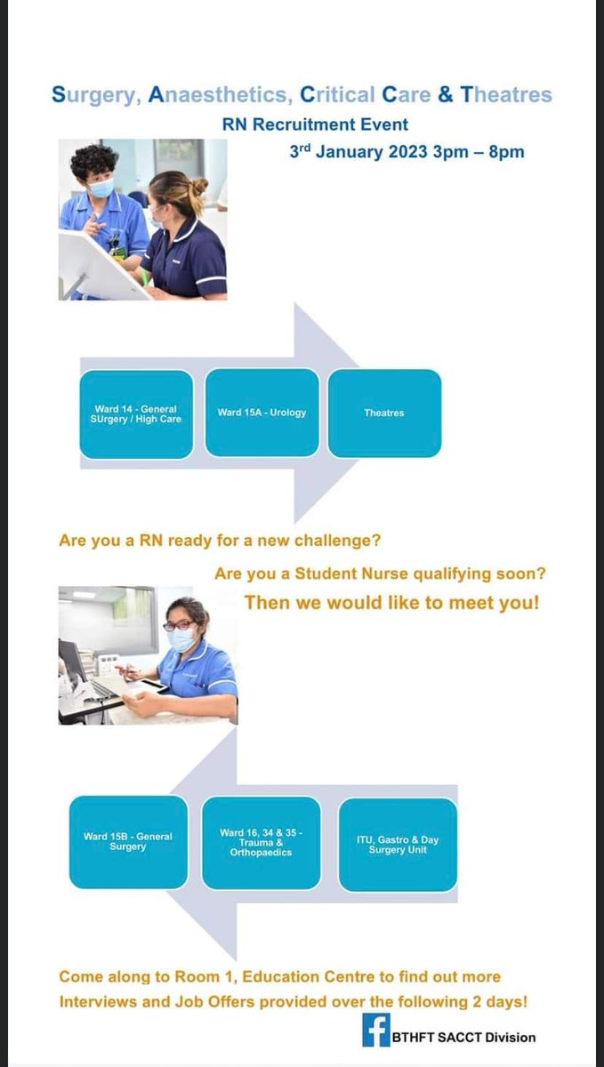 BTH Orthopaedics (@bthorthopaedics) on Twitter photo Are you a Registered Nurse ready for a new challenge?
Are you a Student Nurse who is qualifying soon?
If your answers yes, then why don't you come along to our SACCT Recruitment event TODAY from 15.00-20.00.
<a href="/BthOrthopaedics/">BTH Orthopaedics</a> <a href="/BTHSACCT/">BTH SACCT Division</a>
<a href="/BlackpoolHosp/">NHS Blackpool Teaching Hospitals ππ</a>
<a href="/BTHJobs/">Blackpool Teaching Hospitals Jobs</a> Are you a Registered Nurse ready for a new challenge?
Are you a Student Nurse who is qualifying soon?
If your answers yes, then why don't you come along to our SACCT Recruitment event TODAY from 15.00-20.00.
<a href="/BthOrthopaedics/">BTH Orthopaedics</a> <a href="/BTHSACCT/">BTH SACCT Division</a>
<a href="/BlackpoolHosp/">NHS Blackpool Teaching Hospitals ππ</a>
<a href="/BTHJobs/">Blackpool Teaching Hospitals Jobs</a>