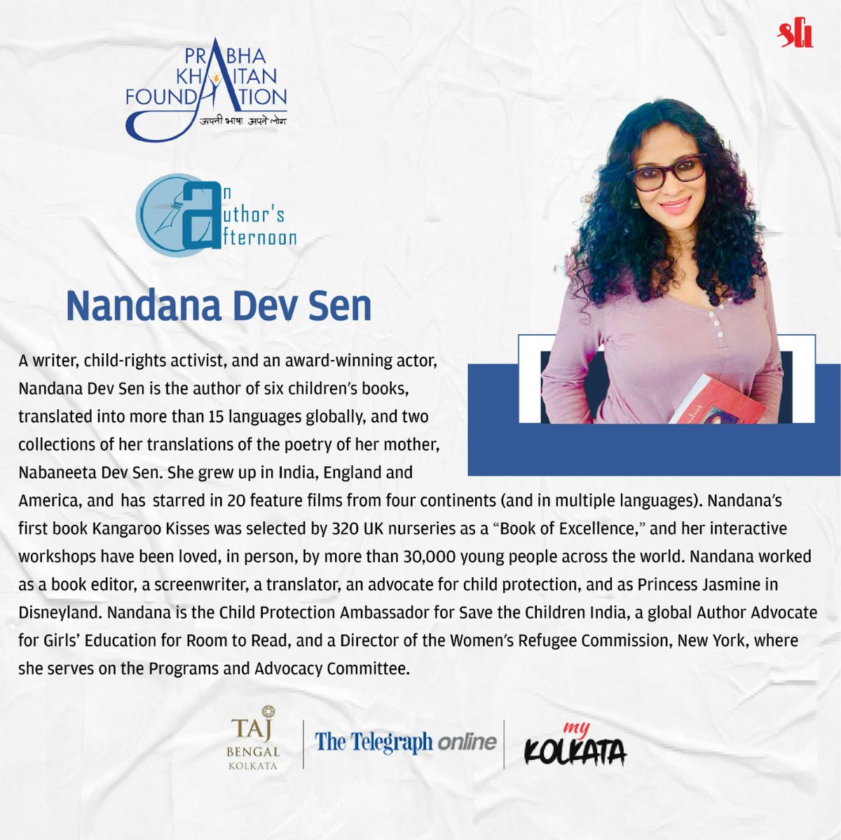 #ComingSoon: For the next session of  <a href="/authorafternoon/">An Authors Afternoon</a>, the <a href="/FoundationPK/">Prabha Khaitan Foundation</a> will host writer, child activist, and award-winning actor <a href="/nandanadevsen/">Nandana Sen</a>, in association with The Telegraph Online #MyKolkata.

 <a href="/TajBengal/">Taj Bengal</a> <a href="/shreecementltd/">Shree Cement Limited</a>

#Kolkata #MyKolkata #TheTelegraph
