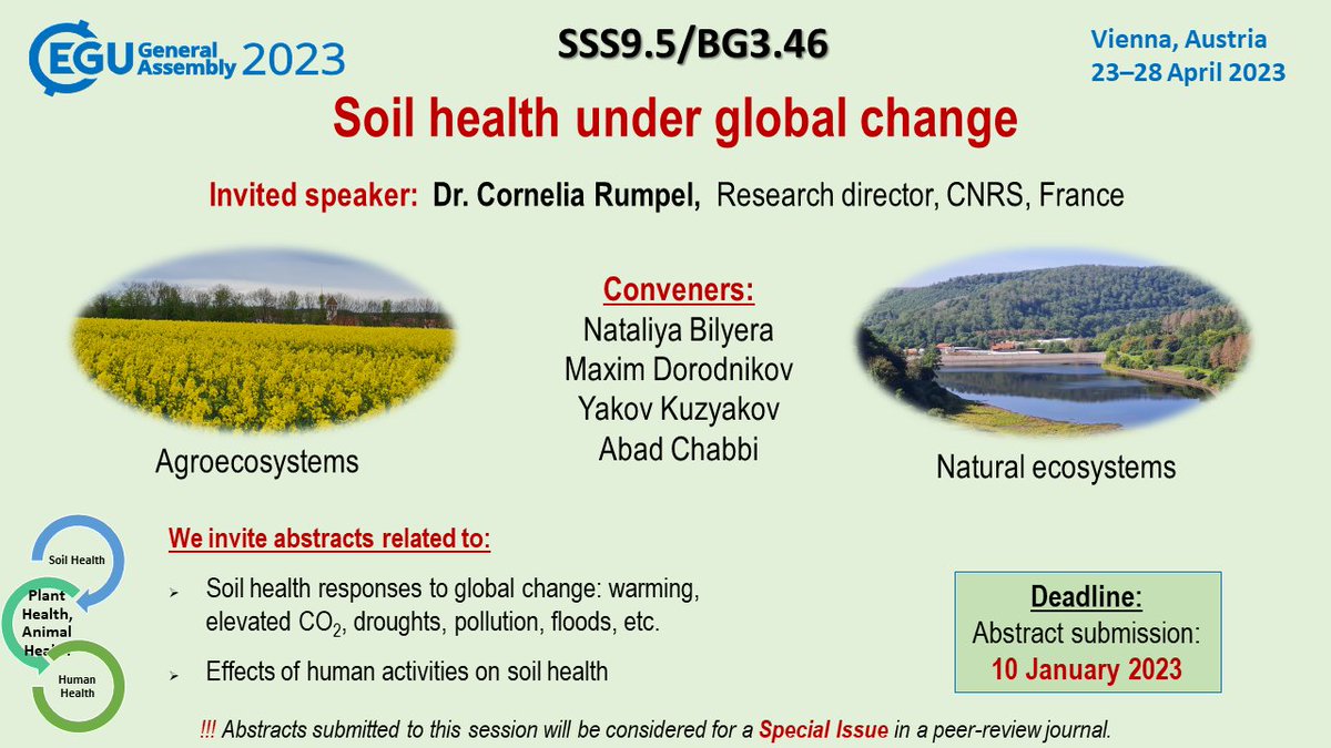 📢One week to submit your abstracts to #EGU23 session on #SoilHealth
✅ @CorneliaRumpel is an invited speaker
😀In person or 🖥️ virtual participation 
👇Link to the session: 
meetingorganizer.copernicus.org/EGU23/session/…
@DorodnikovMaxim @ykuzyakov @ChabbiAbad