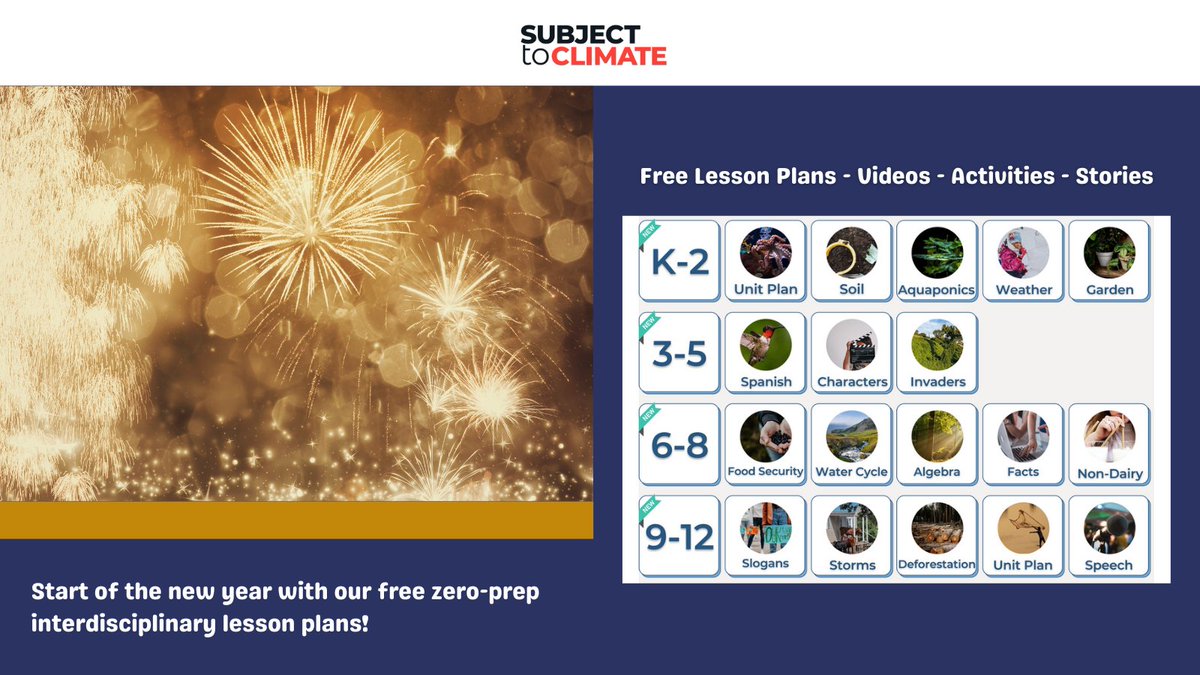 subjecttoclimat's tweet photo. A New Year means new lesson plans from SubjectToClimate!
Click the link below to view our resources guide: https://t.co/7UtQ6a7ovg
#newyear #newlessons #teachers #education #interdisciplinarylessonplans #freelessonplans #subjecttoclimate https://t.co/rnlg5wS1yw