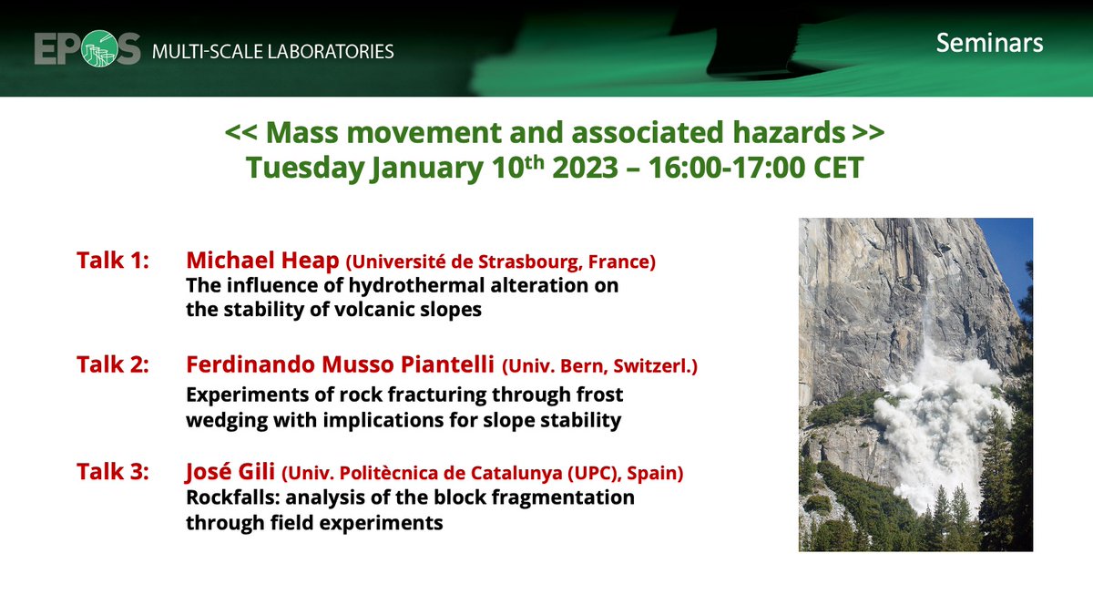 📢 Reminder for the 1st MSL seminar of 2023 (Tue 10 Jan, 16:00-17:00 CET)! 

Topic: "Mass movement and associated hazards". 

Speakers: Michael Heap (<a href="/LDR_Strasbourg/">Rock Lab Strasbourg</a>), Ferdinando Musso Piantelli (<a href="/geologyUniBern/">Institute of Geological Sciences, Uni Bern</a>) &amp; José Gili (<a href="/la_UPC/">Universitat Politècnica de Catalunya (UPC)</a>).😃 

Subscribe here: bit.ly/3kghkkM