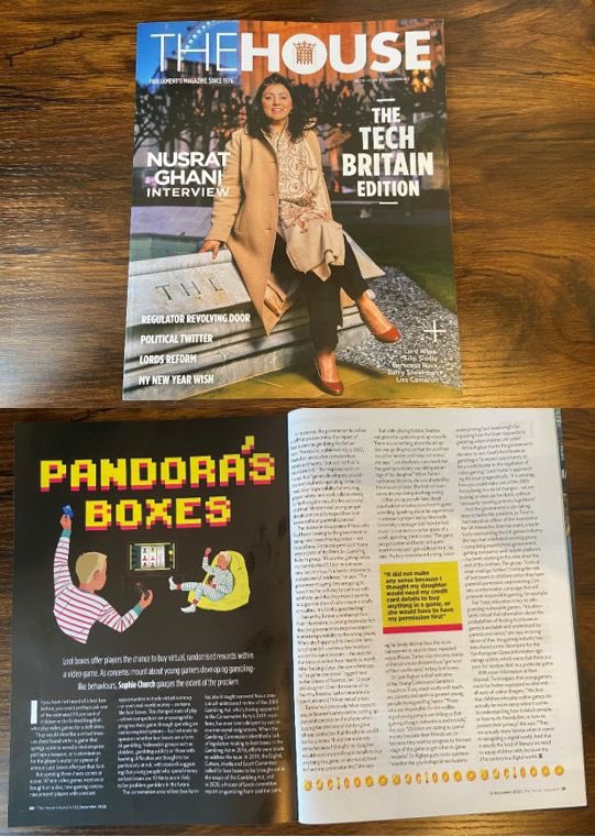 YgamUK's tweet photo. 🗞 We featured in the Dec 2022 issue of @TheHouseMag for an article on #lootboxes. Latest research from @lborouniversity/@UniofNewcastle found loot boxes can and do cause financial and emotional harms to young people. Our work helps safeguard this digital generation. https://t.co/7Fukic208Z