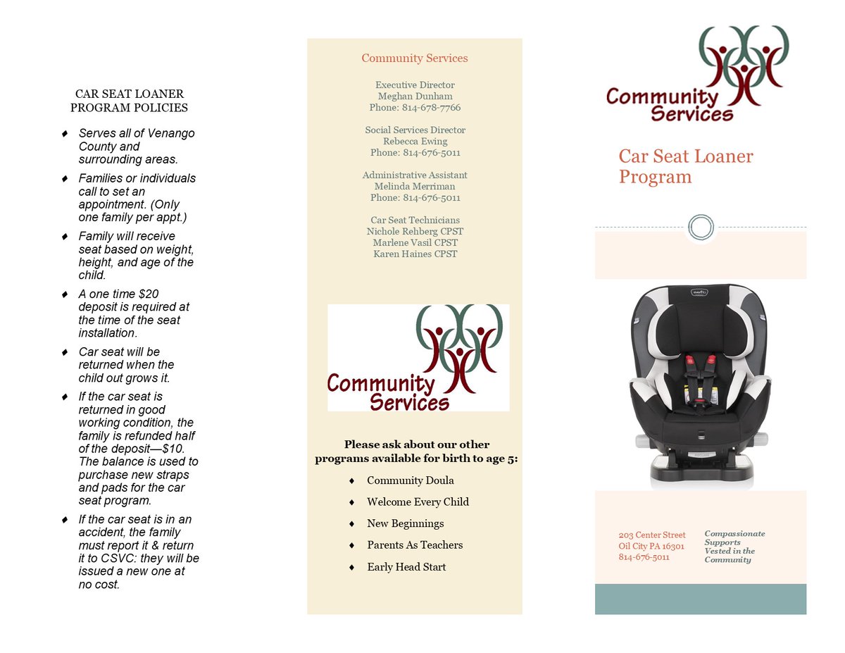 1CSVC's tweet photo. If you are a Venango Family in need of a car seat, please contact us to set up an appointment to participate in its Car Seat Loaner Program. 

For specific questions please contact us at 814-676-5011

#carseatloanerprogram https://t.co/DnZ98lxFry