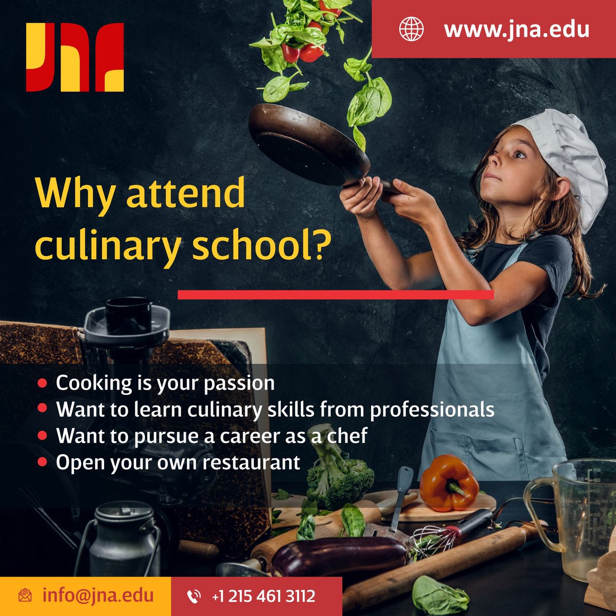 Why is JNA excellent for #culinaryeducation?
• Skill-based scholarships
• Interactive education
• Expert teachers
Visit our website now: culinaryarts.edu