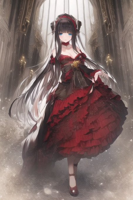 #AIイラスト 
#AIイラスト好きさんと繋がりたい 
{Gothic}
実際にはあんまり胸元が開いてるゴシック服は売ってない

この場合だとジャンパースカート扱いで下にブラウス着るんかな 