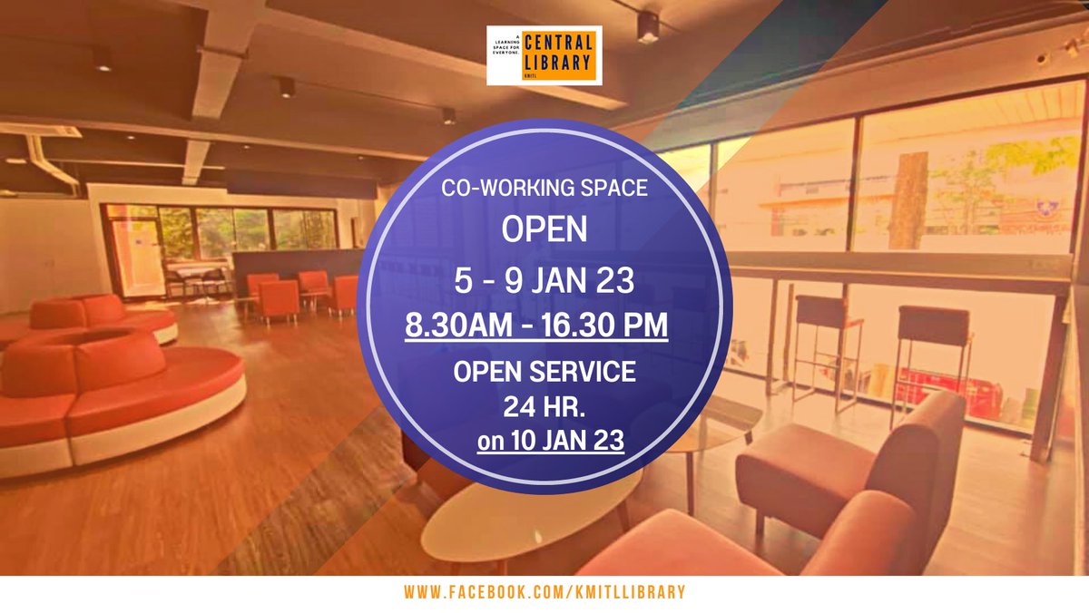 kmitllibrary's tweet photo. CO-WORKING SPACE
OPEN 5 -9 JAN 23
8.30 AM - 04.30 PM
OPEN SERVICE 24 HR. ON 10JAN 23
.
☎️ติดต่อสอบถามทาง
Inbox facebook : https://t.co/iPjKOrfcg4
E-Mail : library@kmitl.ac.th
.
#KMITLCentralLibrary https://t.co/4ID8WrsXNC