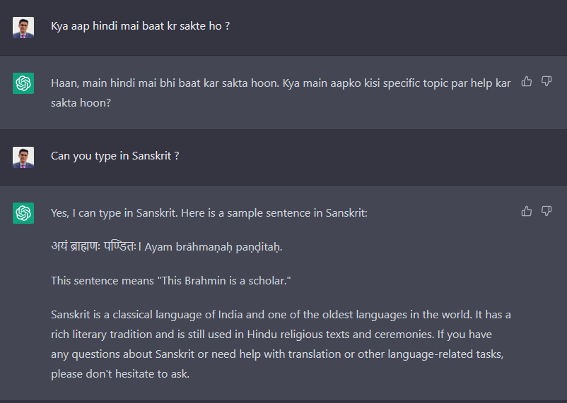 harshit1verma's tweet photo. ChatGPT understands Hindi and not just is a traditional way. It understands Hindi written in English.
What blew my mind is, it even understands Sanskrit.
Follow me for more insights on ChatGPT.
#chatgpt #gpt3 #artificialintelligence #hindi #sanskrit #openai #newgoogle https://t.co/n8N9f7rWVy
