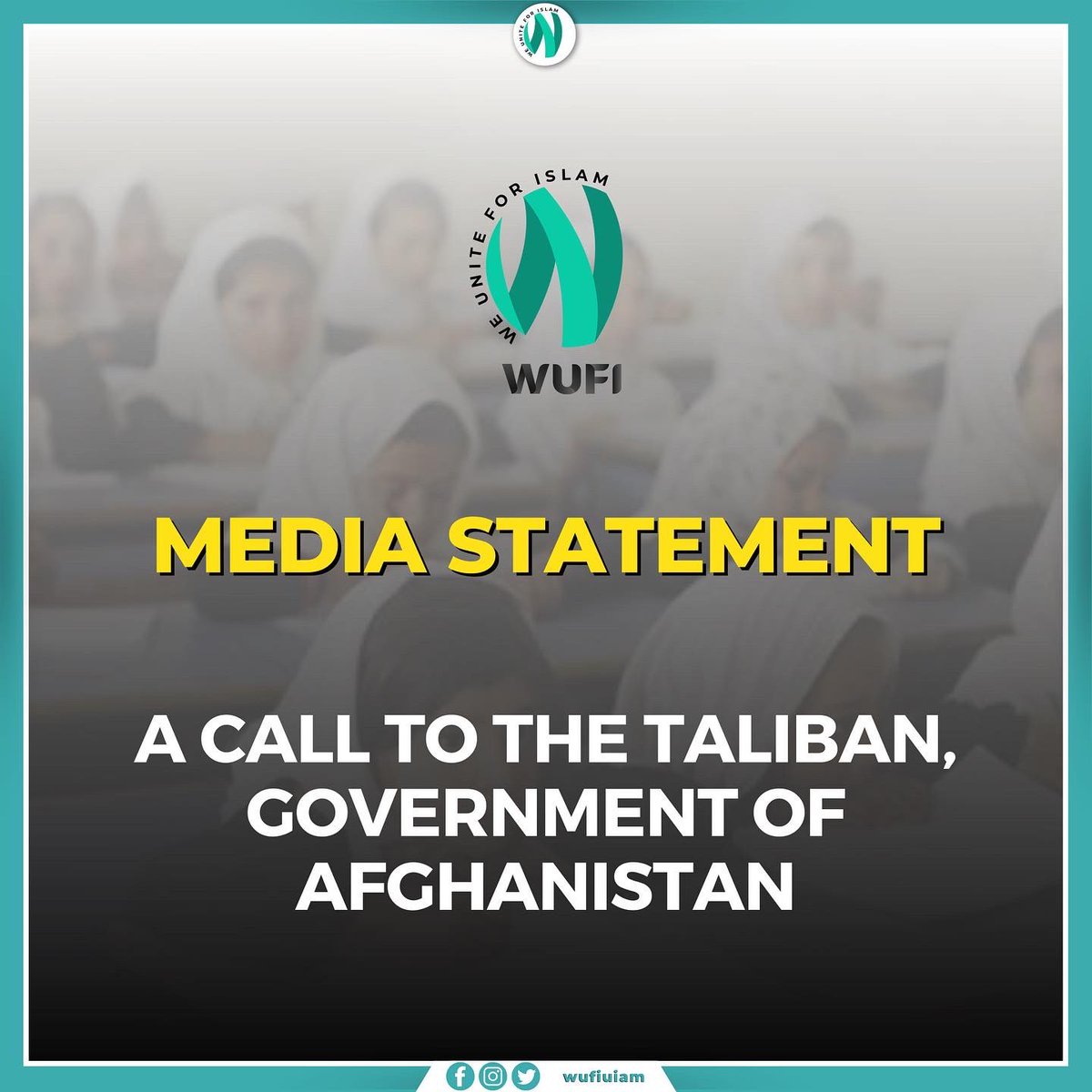 wufiuiam's tweet photo. [𝗔 𝗖𝗔𝗟𝗟 𝗧𝗢 𝗧𝗛𝗘 𝗧𝗔𝗟𝗜𝗕𝗔𝗡, 𝗚𝗢𝗩𝗘𝗥𝗡𝗠𝗘𝗡𝗧 𝗢𝗙 𝗔𝗙𝗚𝗛𝗔𝗡𝗜𝗦𝗧𝗔𝗡]

Regarding the decision made by the Afghanistan government to ban women from universities, WUFI IIUM would like to declare our stance against the decision. https://t.co/JeET5M0nJf