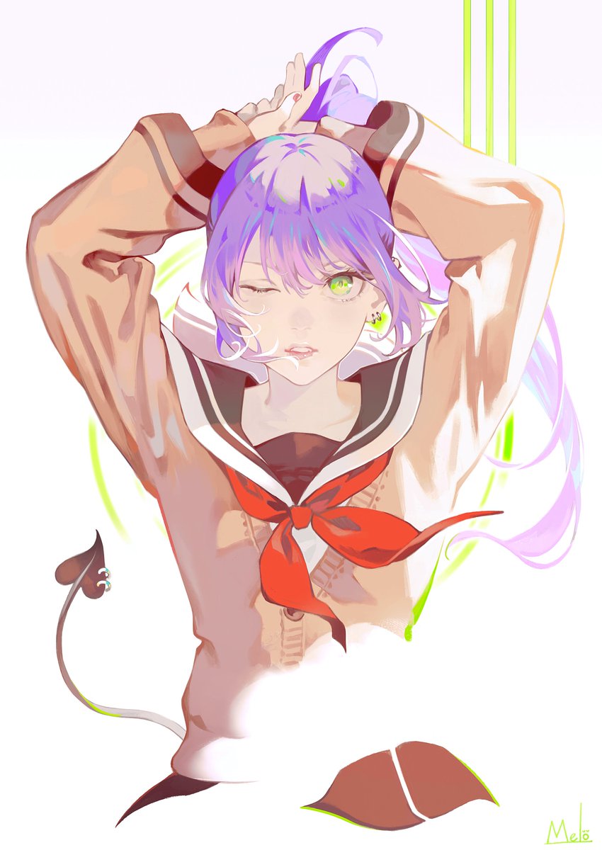 tokoyami towa 1girl purple hair solo green eyes tail one eye closed school uniform  illustration images