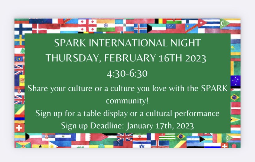 LauraMLively's tweet photo. 2 weeks left to sign up to participate in International Night! Deadline is Tuesday, January 17!
Please sign up below @APS_SPARK @SPARKpto @drjtoney 

https://t.co/6gYsKURweX https://t.co/WHEVSGxSJS