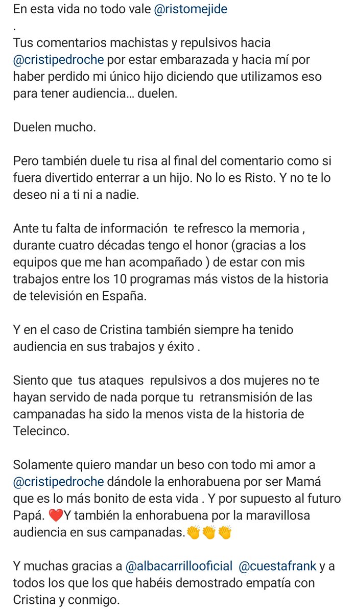 liyo_____'s tweet photo. Vía Instagram, Ana Obregón responde a Risto Mejide ante los comentarios tan asquerosos y bajvnos que éste último tuvo contra ella y Cristina Pedroche en la retransmisión de las Campanadas de Mediaset. 

Chapó por Ana Obregón. Ni un pero a su mensaje.

No todo vale. https://t.co/dMOfAXrwKe