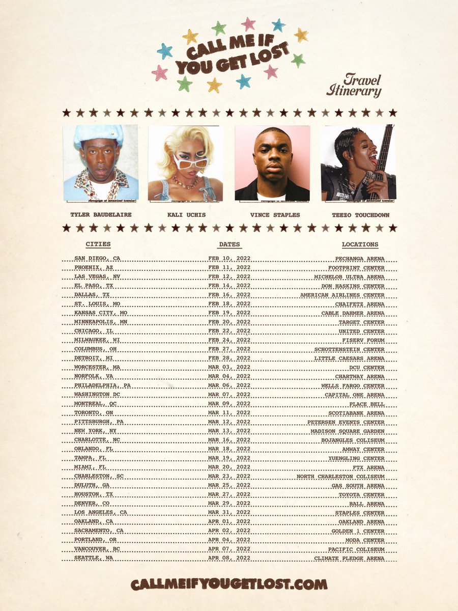 OddFuturePage's tweet photo. 1 year ago today; Tyler, The Creator started the 'Call Me If You Get Lost' tour with Kali Uchis, Vince Staples and Teezo Touchdown. https://t.co/TPffjhUGXx