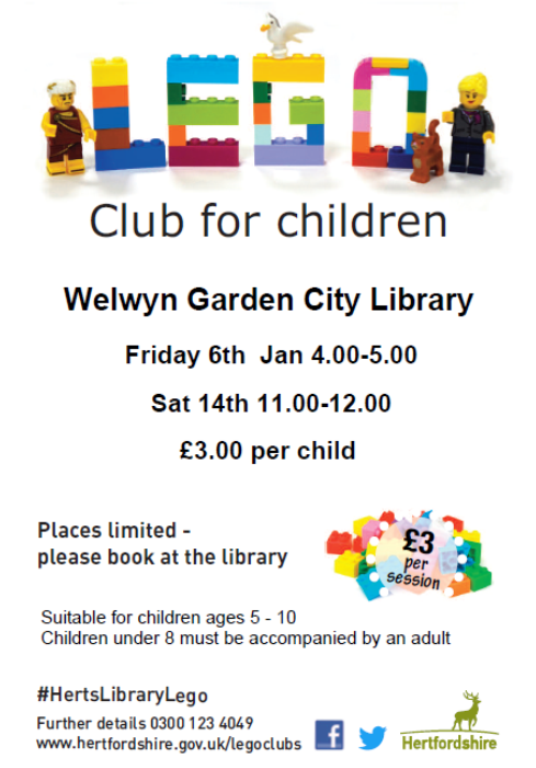 WGC_Central_Lib's tweet photo. And we're back! New year, new Lego Club for children! 

Join us at WGC Library this Friday, January 6th from 4pm to 5pm or next week on Saturday January 14th from 11am to 12pm. 

Let's have some Lego fun! Check out all details on the poster. 

#HertsLibraryLego #LegoClub #Lego https://t.co/R5p0iFBXd8