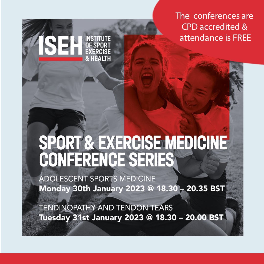 The two virtual evenings in the ISEH conference series taking place soon are: 

✅Adolescent Sports Medicine *Monday 30th January 2023*

✅Tendinopathy and Tendon Tears *Tuesday 31st January 2023* 

It’s free to attend our CPD accredited conference series: tinyurl.com/2p8c62ef