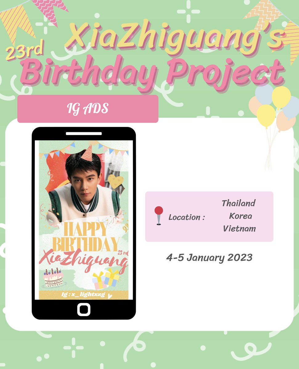 ✷｡  🎀 #Happy23rdShiningGuangDay 🎀  ｡✷

💨 โปรเจกต์วันเกิด ปีที่23 ของ #XiaZhiguang

Location : Thailand , Korea , Vietnam

Time : 4  - 5 January 2023

#夏之光 #เซี่ยจือกวง
