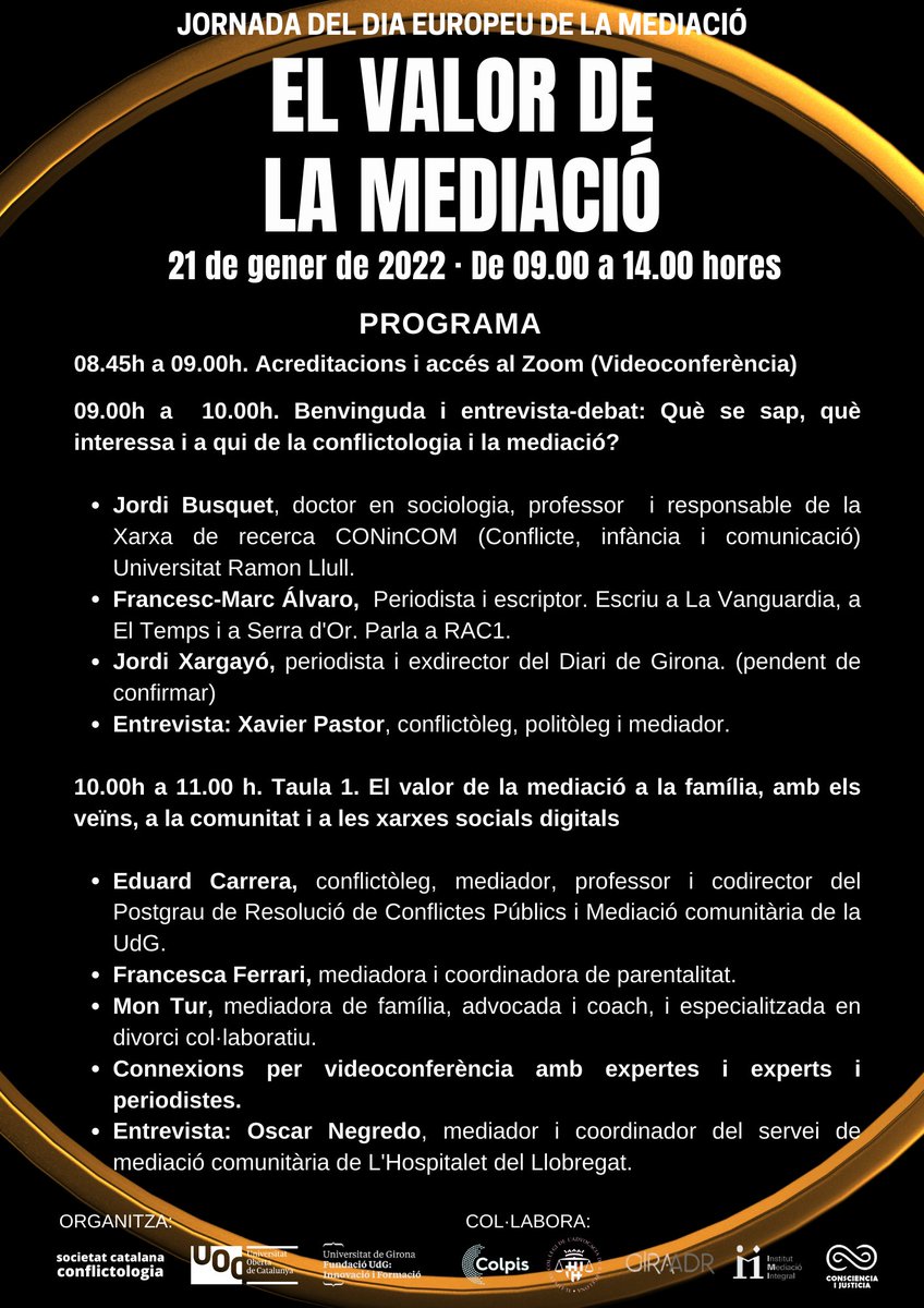 XavierPastor's tweet photo. 🙋♂️#Mediadores #mediadors #analistesdeconflictes #professionals #gestiodeconflictes #Resoluciodeconflictes #experts #expertes #conflictologia #ADR:
👉Ja tenim el programa #jornada #diaeuropeumediacio 2023:"El valor de la mediació".
Preus i inscripcions: https://t.co/E8Uii590WE https://t.co/DzCvmzJoYo