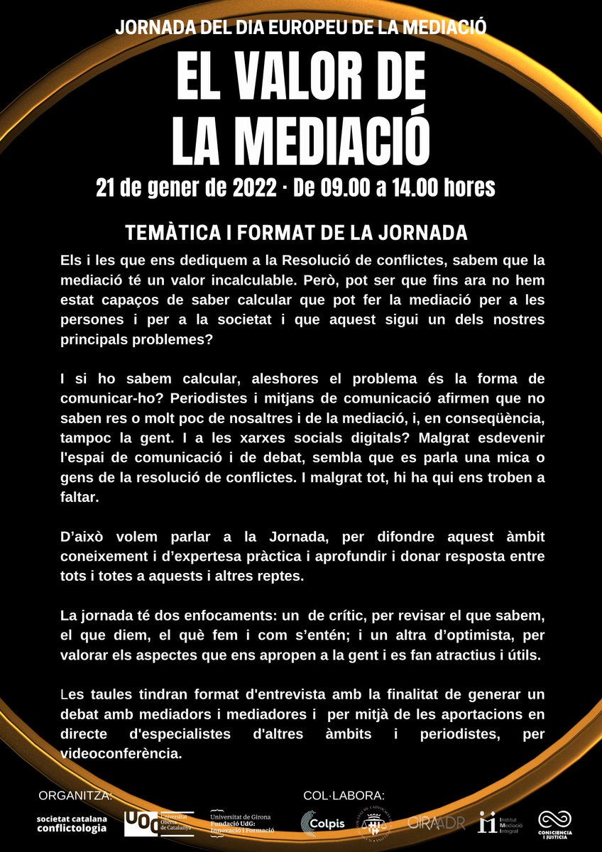 XavierPastor's tweet photo. 🙋♂️#Mediadores #mediadors #analistesdeconflictes #professionals #gestiodeconflictes #Resoluciodeconflictes #experts #expertes #conflictologia #ADR:
👉Ja tenim el programa #jornada #diaeuropeumediacio 2023:"El valor de la mediació".
Preus i inscripcions: https://t.co/E8Uii590WE https://t.co/DzCvmzJoYo