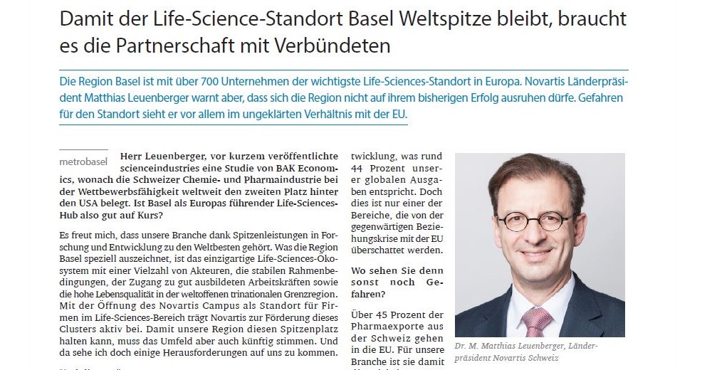 Novartis_CH's tweet photo. Lesenswert 📰 Interview mit Novartis Schweiz Länderpräsident Matthias Leuenberger im «metrobasel report 2022» über Chancen und Herausforderungen für den Life-Science-Standort Basel.
#NovartisCH #metrobasel @LeuenbergerMat