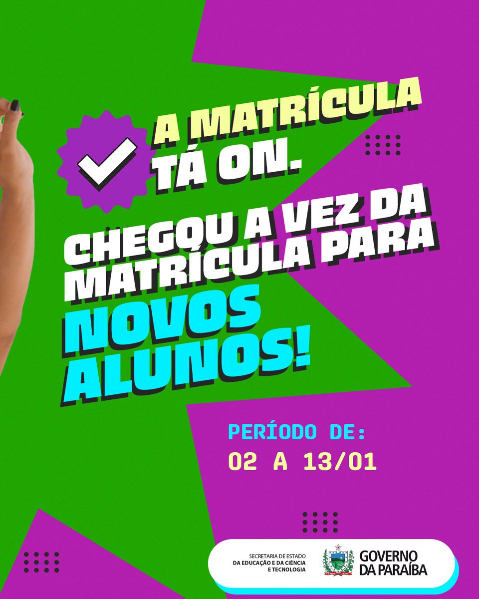 educacaogovpb's tweet photo. 🚨ATENÇÃO, você que quer ingressar na Rede Estadual de Ensino! As matrículas para alunos novatos JÁ ESTÃO ABERTAS!

💻 Lembrando que as matrículas estão sendo feitas de forma on-line, pelo site https://t.co/Mi9cQPQJIM. https://t.co/z19nhD8syH