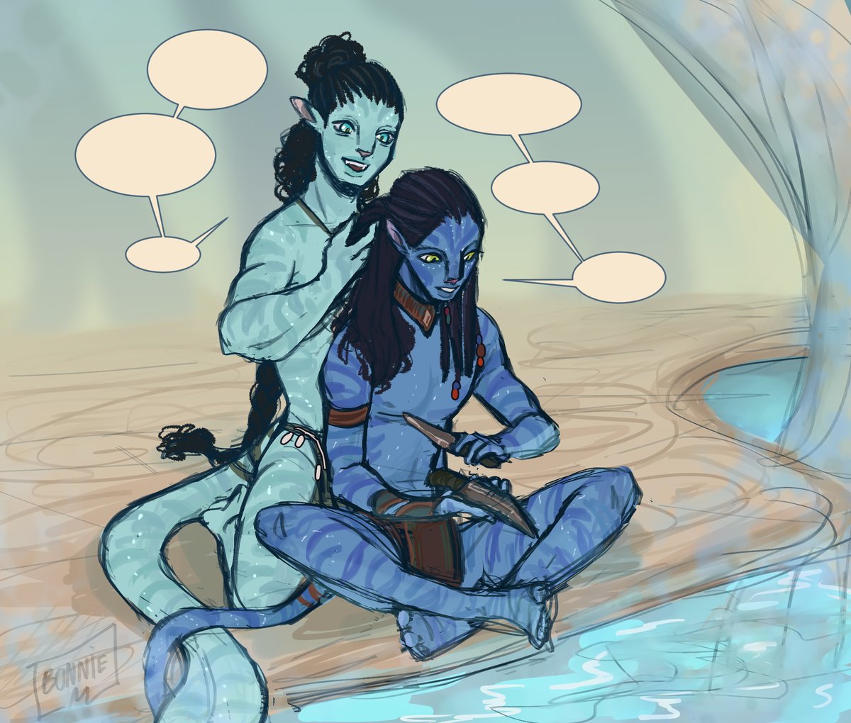 BonnieM02's tweet photo. En un fanfic Aonung le hace las trenzas a Neteyam y se me hizo re bonito, así que me los imagino así juntitos y hablando de tonterías💙💙
#Aonung #Neteyam #Aonunete #Avatar2 #avatarfanart https://t.co/kr5BTEVPqz