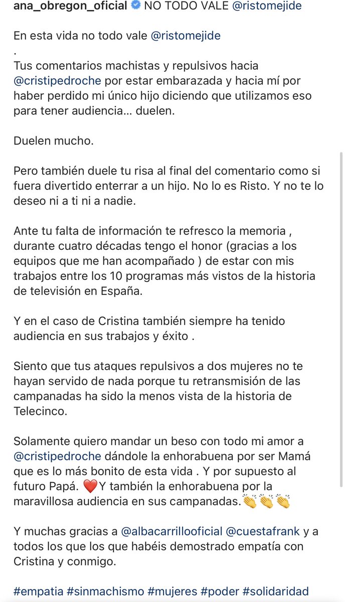 Ana Obregón a Risto Mejide, tras su miserable comentario en las Campanadas

“Siento que tus ataques repulsivos a dos mujeres no te hayan servido de nada porque tu retransmisión de las campanadas ha sido la menos vista de la historia de Telecinco”

Chapó Ana, chapó.