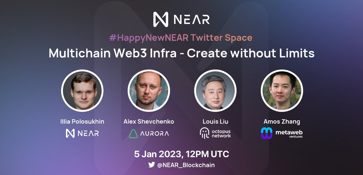 NEAR_Blockchain's tweet photo. Kickstart 2023 with the most exciting Twitter Space this Thursday 5 Jan 12PM UTC. 

@ilblackdragon, @AlexSkidanov, @louisliubj and @MetaWeb_Amos will be sitting down with us to talk all things about multichain #web3 infrastructure. 

Got questions ? Drop them below 👇 https://t.co/Tuas5TIwhV
