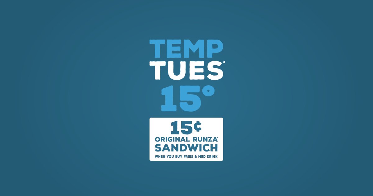 FIRST TEMP TUESDAY OF THE YEAR!!! 

The coldest temperature in #Runza territory at 6am was 15 degrees. That means your Original Runza Sandwich is just 15¢ today when you also purchase fries &amp; a medium drink!
