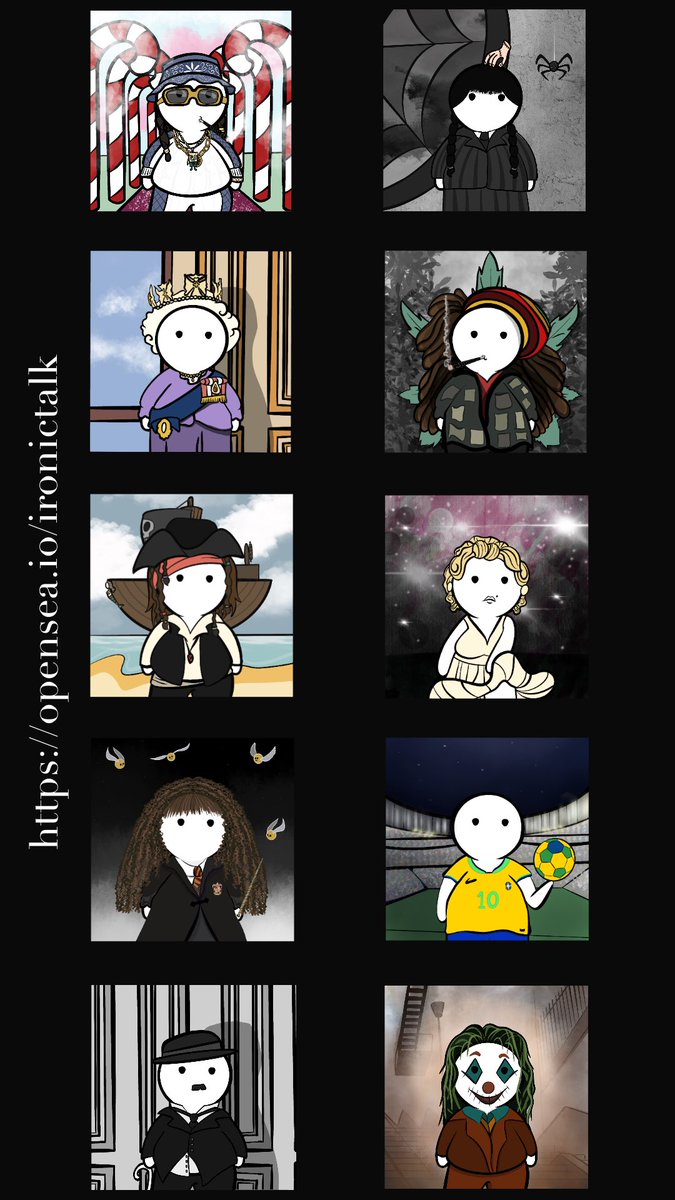 Bob’s Collection ✨

opensea.io/ironictalk

Characters who marked and continue to mark our society.

#NFTlover #nft #NFTcollections #NFTCommunity #opensea #ETH 
#SnoopDogg #wednesdayfanart #QueenElizabeth #bobmarley #sparrow #MarilynMonroe #Neymar #EmmaWatson #joker #chaplin