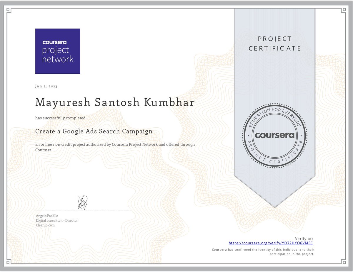 MSKumbhar28's tweet photo. I just finished doing a project course on Coursera for a Google Ads Search Campaign.
@coursera
#googleadscampaign #linkedin #coursera #google https://t.co/3hnoTJF5WC