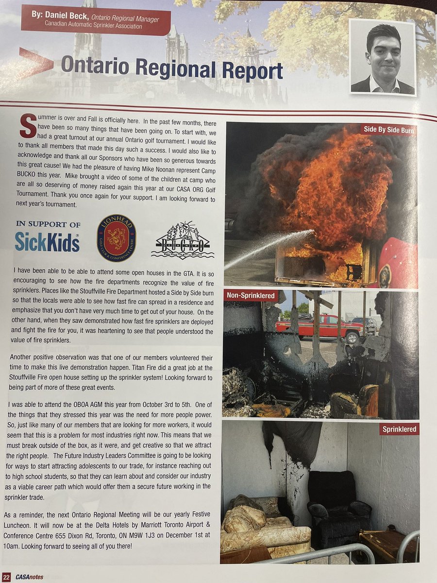 Very exciting to see our Department featured in Canada’s Fire Sprinkler Industry Magazine! Thank you <a href="/CASAFS_Daniel/">Daniel Beck</a> for all of your support! Thank you <a href="/HFSCinCanada/">Nonprofit Home Fire Sprinkler Coalition Canada</a> for the grant for our burn demonstrations! We will continue to advocate for residential fire sprinklers!