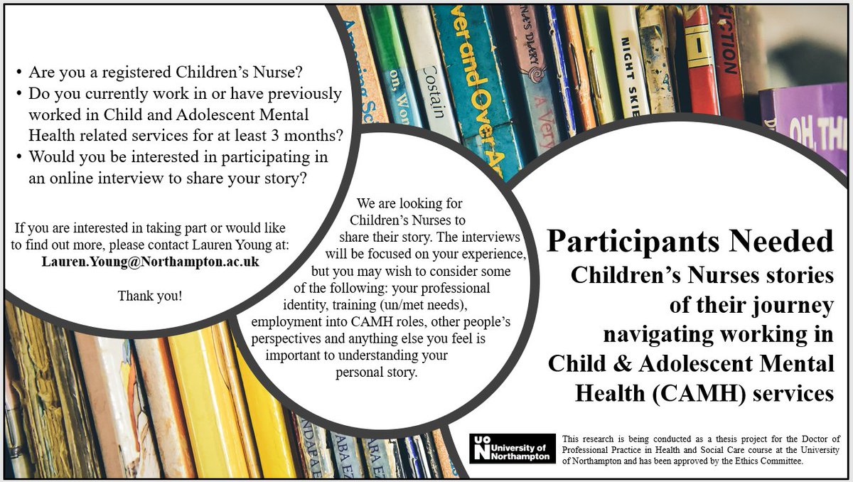 Please share! I'm still on the look out for Children's Nurses who work in/ previously worked in CAMH services to share their story. If you’d like to get involved, please get in touch via email lauren.young@northampton.ac.uk #CAMHS #Nursing