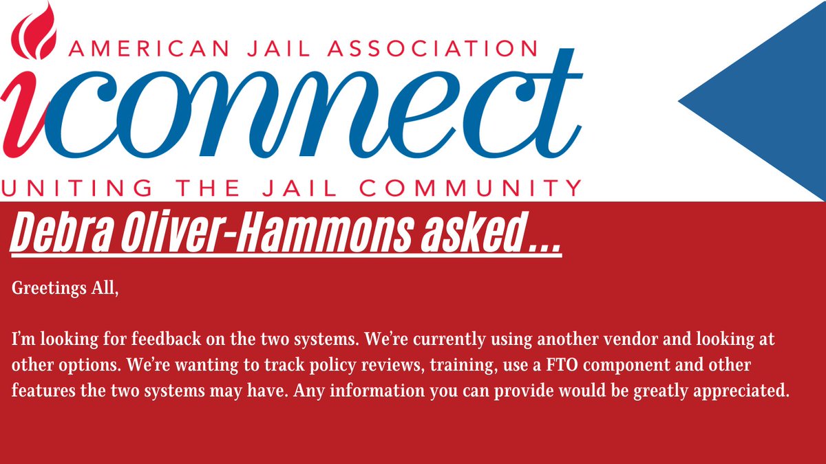 AmerJail's tweet photo. Debra Oliver-Hammons, Direct of Policy at the Orleans Parrish Sheriff's Office, asked #iConnect members for feedback on #PowerDMS and #PoliceOne
Continue the Conversation @ https://t.co/DBiSb2pJMx
#AmericanJails https://t.co/DCSrcV46Nj