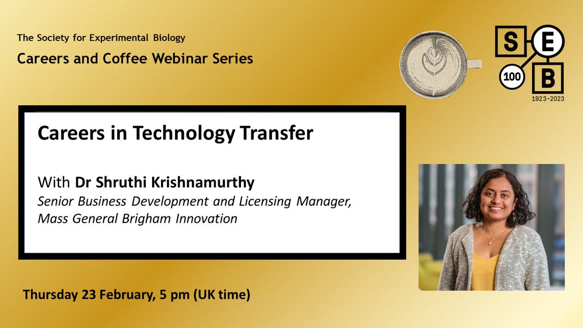 SEBiology's tweet photo. Register now for our second "Careers and Coffee" webinar webinar will happen on Thursday, 23 February, at 5 pm (UK time), with Dr Shruthi Krishnamurthy (@DrShruthiK)  talking about Careers in Technology Transfer.

Book your place now ⬇️
https://t.co/Zk1sQDMMKj https://t.co/Bcb6Z7qelx