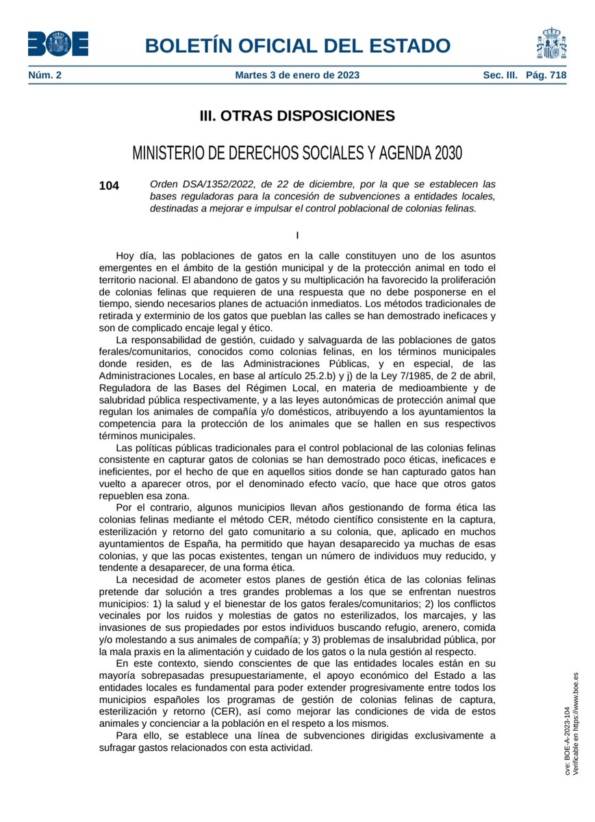 Acaban de convocar subvenciones para la aplicación del CER de colonias felinas para Ayuntamientos de toda España que tengan el proyecto. Tienen 2 meses para hacer la solicitud desde mañana 4/01. Que luego no digan que no hay presupuesto.

¡Aprovechen, para algo bueno que sale!