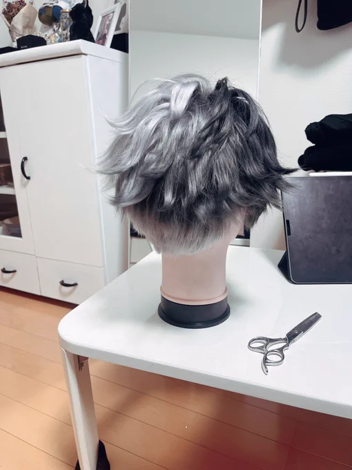 縫い合わせないでツートーン作ってみたくて、白のウイッグにシルバーと黒のグラデーションになるように染めて作ってみたんだけど、色の切り替え上手く馴染んで前のより可愛くなった気がする。 