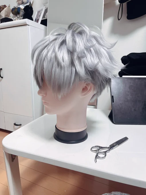 縫い合わせないでツートーン作ってみたくて、白のウイッグにシルバーと黒のグラデーションになるように染めて作ってみたんだけど、色の切り替え上手く馴染んで前のより可愛くなった気がする。 