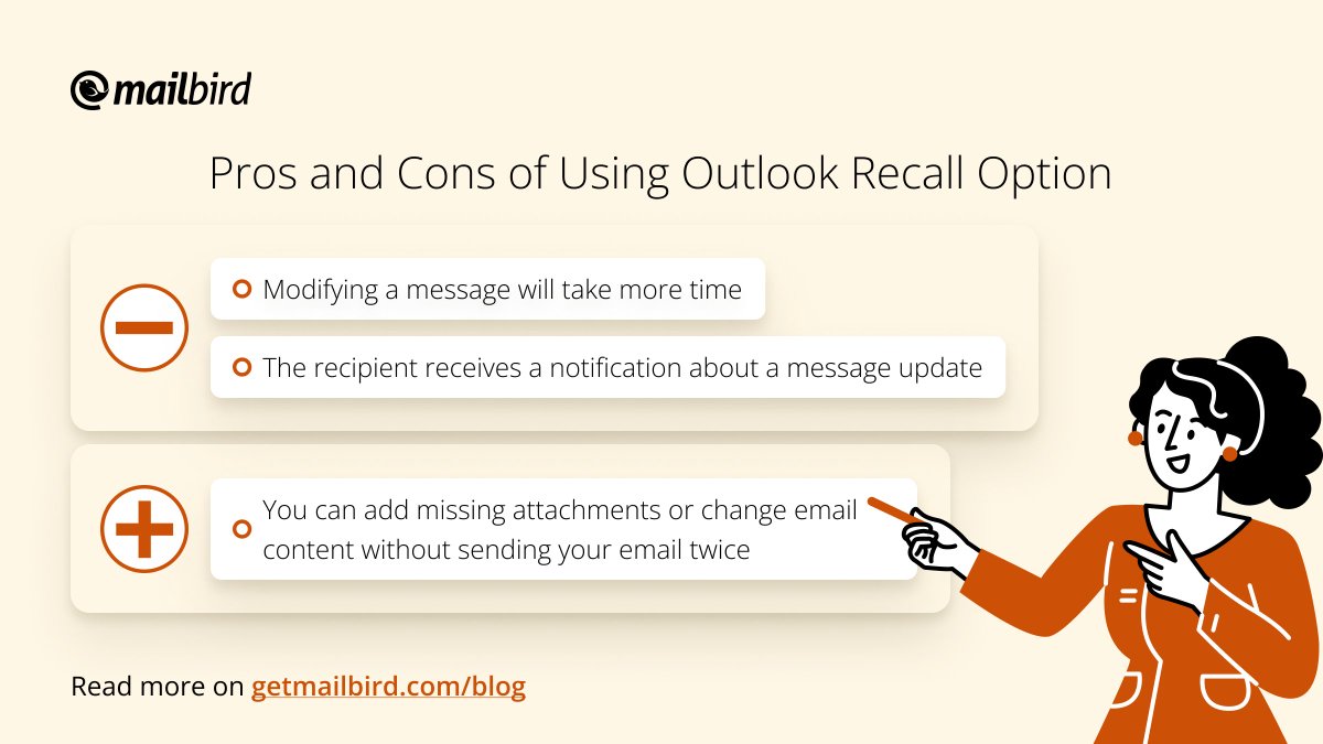 mailbird's tweet image. Microsoft Outlook offers email recall features to its users. Should you give it a try? There are pros and cons you should know about before you test out the Outlook recall option. ↩️ getmailbird.com/how-to-recall-… #outlookalternative #microsoftoutlook #smallbusinesstool