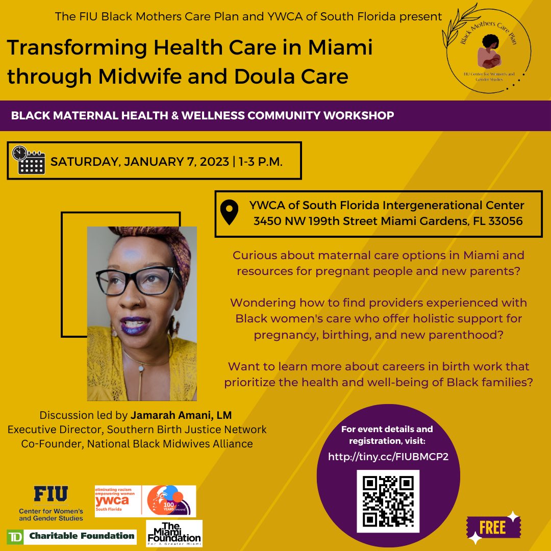FIU Center for Women's and Gender Studies (@fiucwgs) on Twitter photo Join the FIU Black Mothers Care Plan and <a href="/YWCAsouthfl/">YWCA South Florida</a> for a FREE community workshop this Saturday, January 7th from 1:00PM - 3:00PM at the YWCA of South Florida in Miami Gardens to learn about transforming health care in Miami through midwife and doula care. All are welcome! Join the FIU Black Mothers Care Plan and <a href="/YWCAsouthfl/">YWCA South Florida</a> for a FREE community workshop this Saturday, January 7th from 1:00PM - 3:00PM at the YWCA of South Florida in Miami Gardens to learn about transforming health care in Miami through midwife and doula care. All are welcome!