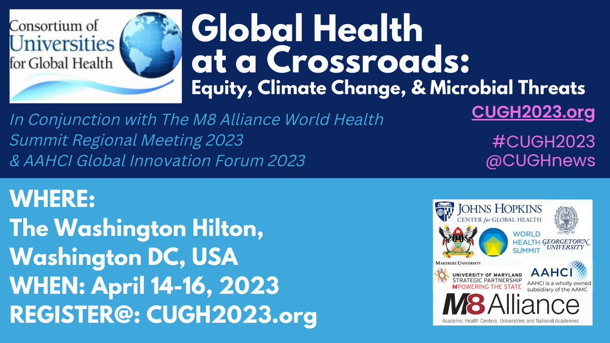 Get those early bird rates and register now for CUGH 2023, April 14-16, 2023! Global Health at a Crossroads: Equity, Climate Change and Microbial Threats cugh2023.org #CUGH2023 #Globalhealth #globalhealthconference #equity #climatechange <a href="/keithmartinmd/">Keith Martin MD</a> <a href="/CUGH_TAC/">CUGH Trainee Advisory Committee (CUGH TAC)</a>