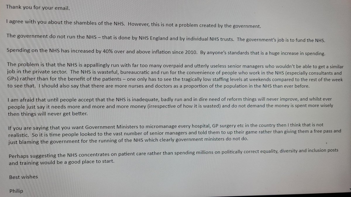I'm so concerned about the #NHSCrisis that I wrote to my MP Philip Davies asking him to urge the government to act, particularly on social care. I thought the voters of #Bingley #Saltaire & #Shipley would like to read his response and I do hope they remember it at the next GE.