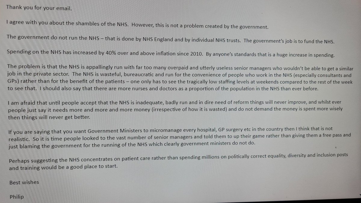 I'm so concerned about the #NHSCrisis that I wrote to my MP Philip Davies asking him to urge the government to act, particularly on social care. I thought the voters of #Bingley #Saltaire &amp; #Shipley would like to read his response and I do hope they remember it at the next GE.