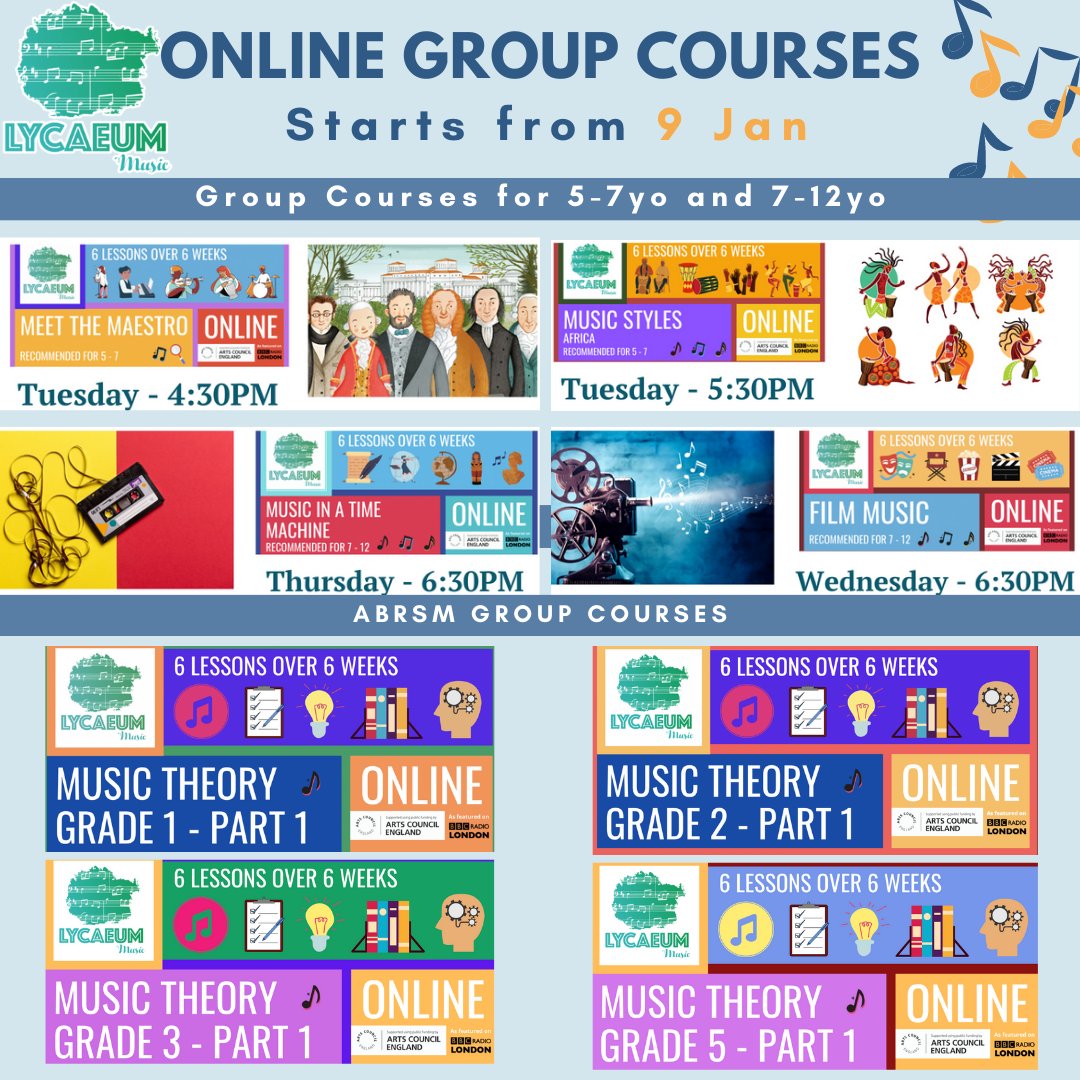 LycaeumMusic's tweet photo. Join us on a productive musical start of the year with our marvellous Online Group Courses starting next week! All entertaining courses are free, while ABRSM Music Theory courses get a £15 discount with the '15off' coupon code at checkout.
https://t.co/Q417uSatxN
#lycaeummusic https://t.co/jNZdmK2WvK
